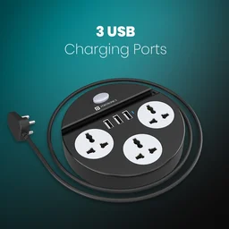 Portronics Power Plate 5 1500W Power Converter with USB Charger & Mobile Holder 3AC Socket + 3USB Ports, 2 m Cord Length (Black)