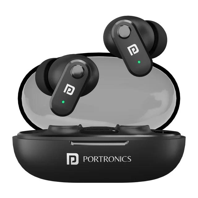 PORTRONICS Portronics Harmonics Twins S16 in Ear Wireless TWS Earbuds with 24 Hrs Playtime, Clear Calls, Game & Music Mode, Low Latency, Bluetooth 5.3v, LED Display, Type C Fast Charging(Black)
