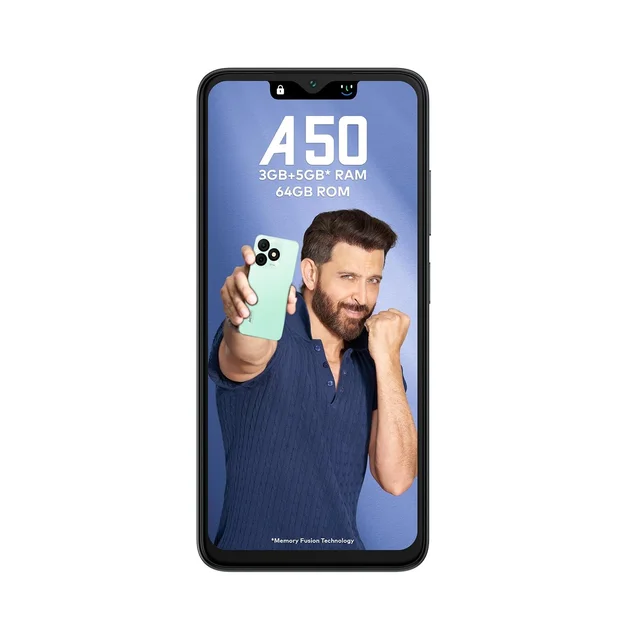 Itel itel A50|6.6" HD+ Display with Dynamic Bar| 8GB (3GB+5GB) RAM + 64GB ROM, Upto 8GB RAM with Memory Fusion|Octacore Processor|8MP AI Dual Rear Camera|5000 mAh Battery (Misty Black) - Misty Black