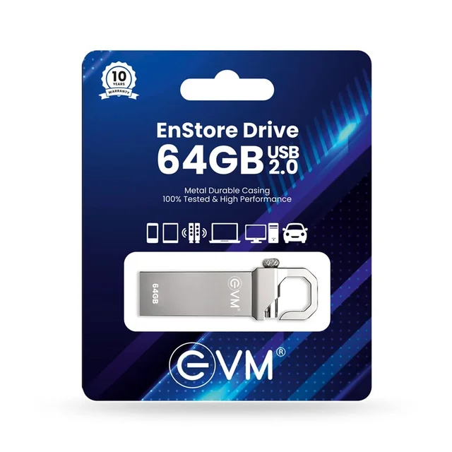EVM EnStore 64 GB Metal USB 2.0 Flash Drive - High Read Speeds up to 15MB/s & Write Speeds up to 8MB/s - Durable Metal Casing - Ideal for Data Transfer & Storage - (EVMPD/64GB) - 64 GB