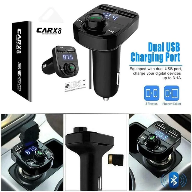 VEV CARX8 Universal Wireless Bluetooth FM Transmitter in Car Adapter for Hands-Free Call Receiver- Stereo Music Player- TF Card - Aux Connector & 2 USB Charger with Modular LCD Display (Black)