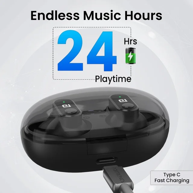 PORTRONICS Portronics Harmonics Twins S16 in Ear Wireless TWS Earbuds with 24 Hrs Playtime, Clear Calls, Game & Music Mode, Low Latency, Bluetooth 5.3v, LED Display, Type C Fast Charging(Black)