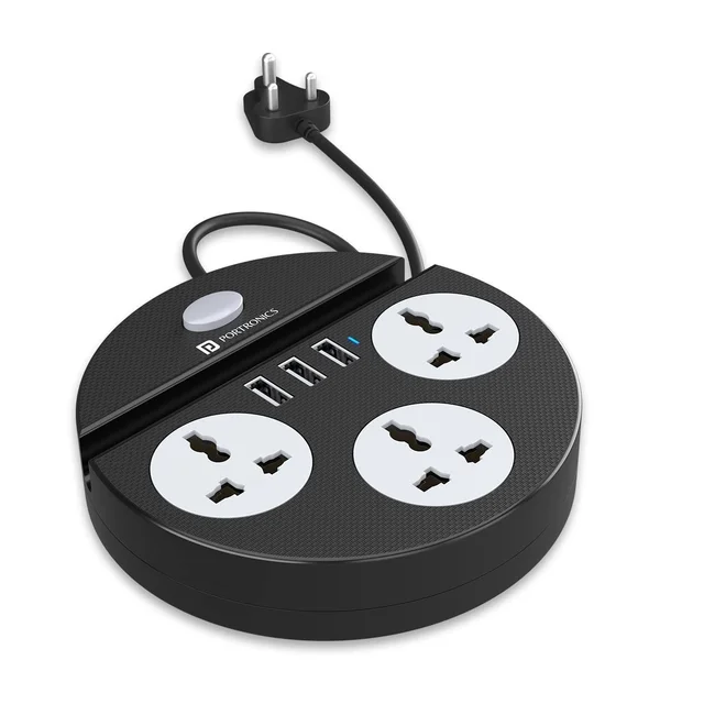 Portronics Power Plate 5 1500W Power Converter with USB Charger & Mobile Holder 3AC Socket + 3USB Ports, 2 m Cord Length (Black)