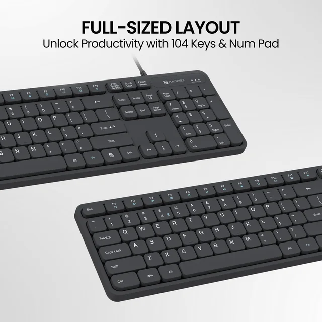 PORTRONICS Portronics Ki-Pad 3 USB Wired Keyboard with Large Keycaps | Noise-Free Typing | Fn Multimedia Hotkeys | Full-Size Layout With Num Pad | Ergonomic Design | 1.5m USB Cable | For Laptop & PC (BLACK)