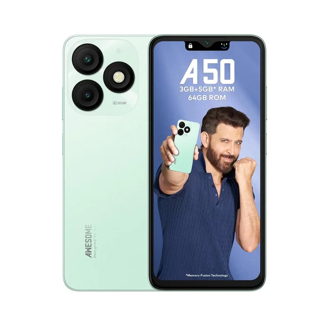Itel itel A50|6.6" HD+ Display with Dynamic Bar| 8GB (3GB+5GB) RAM + 64GB ROM, Upto 8GB RAM with Memory Fusion|Octacore Processor|8MP AI Dual Rear Camera|5000 mAh Battery (Lime Green) - Lime Green
