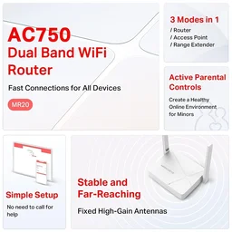 MERCUSYS Mercusys MR20 750 Mbps Wireless Dual Band Wi-Fi Router | AC750 Multi-Mode | 2 High Gain External Antennas | IPTV and IPv6 Supported (WHITE)