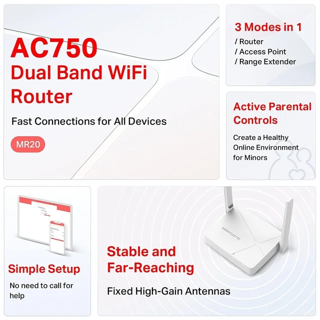 MERCUSYS Mercusys MR20 750 Mbps Wireless Dual Band Wi-Fi Router | AC750 Multi-Mode | 2 High Gain External Antennas | IPTV and IPv6 Supported (WHITE)