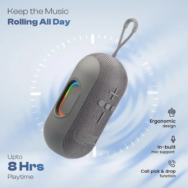 LAPCARE (LBS-102) Ozzie 10W Bluetooth Speaker With RGB Lights, TWS Stereo Sound, Dual Bass Radiators, Bluetooth 5.3, 8H Playtime, Portable Wireless Speaker With AUX & USB Support (Grey)