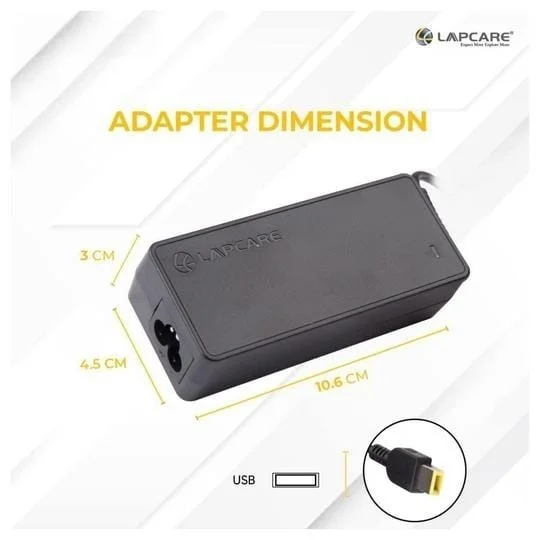 LAPCARE Lapcare Compatible Adapter For Lenovo Laptop 20V | 3.2A | 65W USB Square tip With Pin (BLACK)