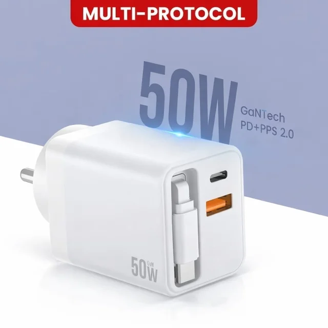 RD A-80 Flex 50W Gan Charger With Built-in Retractable Cable | Attached Type-C Cable | PD Fast Charger | Super VOOC Support | Dual Output Wall Charger For Smartphones & Tablets (WHITE)