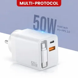 RD A-80 Flex 50W Gan Charger With Built-in Retractable Cable | Attached Type-C Cable | PD Fast Charger | Super VOOC Support | Dual Output Wall Charger For Smartphones & Tablets (WHITE)