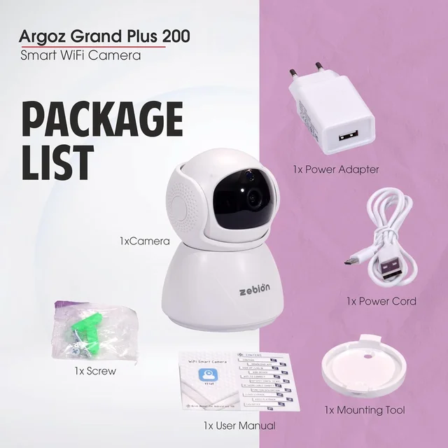Zebion ARGOZ Grand Plus 200 Full HD Wi-Fi Camera 360 Degree Rotation, 145 Degree Tilting, 64GB Memory Card Slot, Plastic Body,5V Adaptor, With Mini USB Cable mounting Bracket (White)