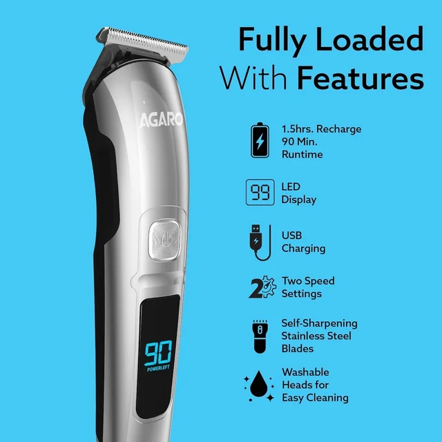 AGARO COSMO Beard Trimmer For Men, High Precison Trimming, Cordless, 4 Length Setting combs, Stainless Steel Blades, 2 Speed, USB Rechargeable, 90 mins Runtime (Silver)