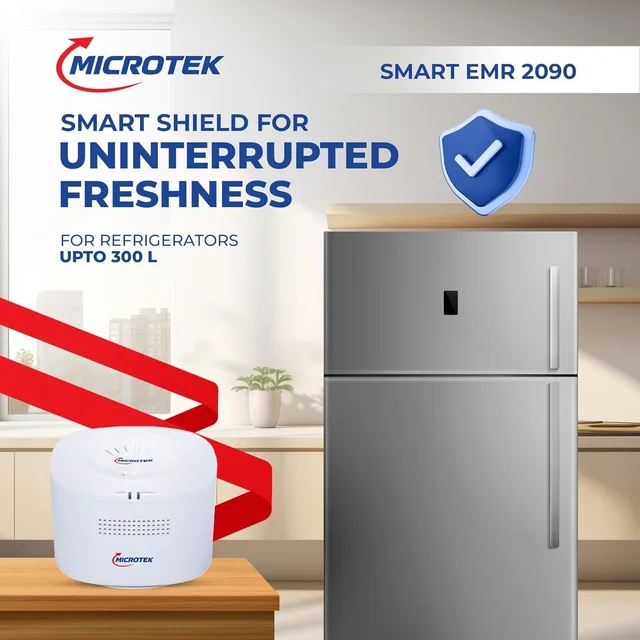 MICROTEK Microtek Smart EMR 2090 Automatic Voltage Stabilizer Series Used for Refrigerator Upto 300 Liters | Input Power Range 90V - 260±5V, Auto Start | Wall Mounted Design With 3 Year Warranty (WHITE)