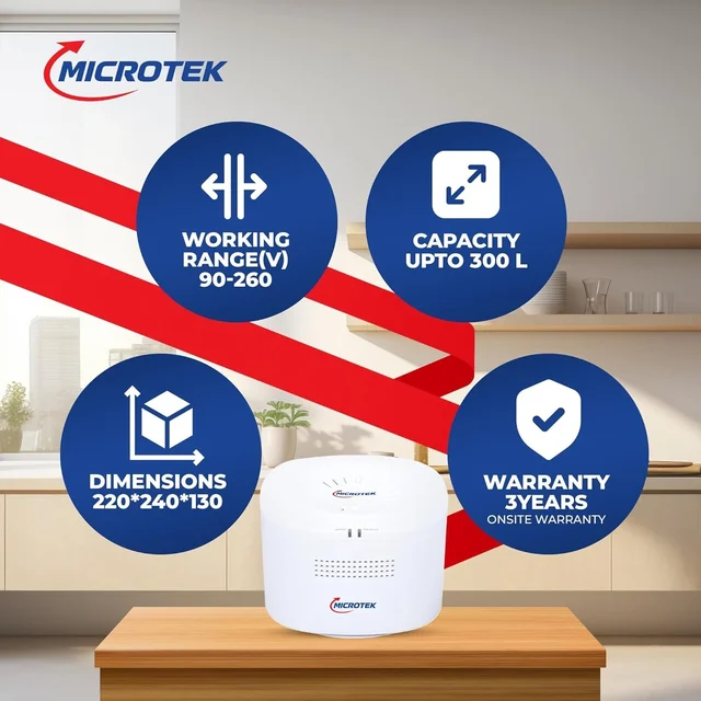 MICROTEK Microtek Smart EMR 2090 Automatic Voltage Stabilizer Series Used for Refrigerator Upto 300 Liters | Input Power Range 90V - 260±5V, Auto Start | Wall Mounted Design With 3 Year Warranty (WHITE)