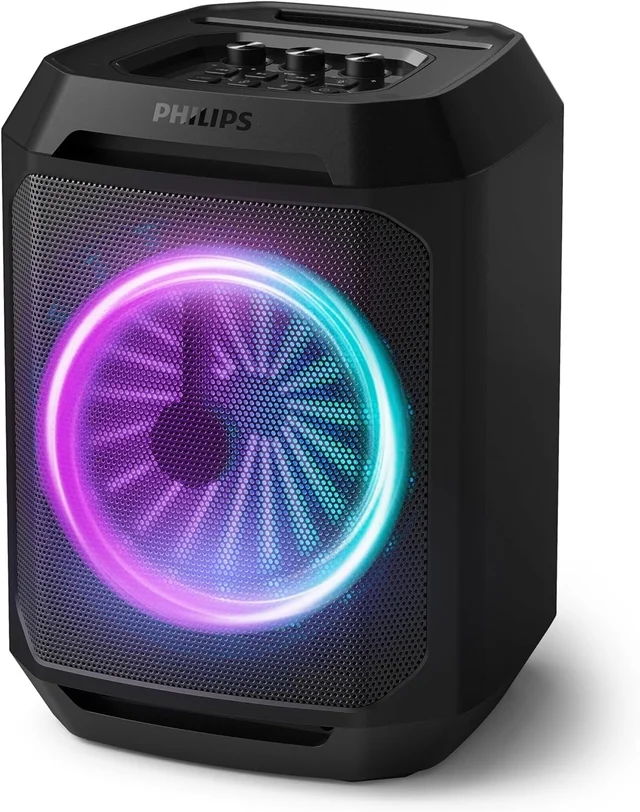 Philips TAX2208 Bluetooth Party Speaker, Dynamic Bass Boost, Bluetooth and Aux-in, Karaoke Microphone Input, Wireless Pairing for Stereo Sound, Up to 7 Hours Battery, Built-in Carry Handle, USB-C (Black)