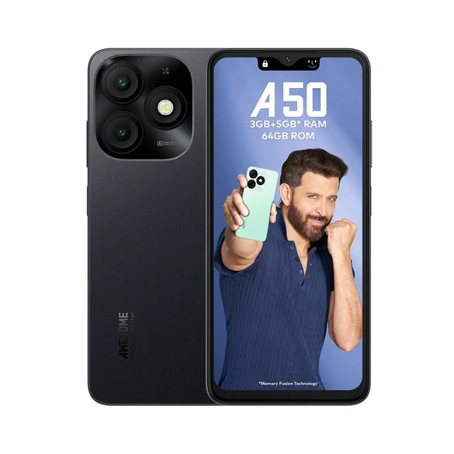 Itel itel A50|6.6" HD+ Display with Dynamic Bar| 8GB (3GB+5GB) RAM + 64GB ROM, Upto 8GB RAM with Memory Fusion|Octacore Processor|8MP AI Dual Rear Camera|5000 mAh Battery (Misty Black) - Misty Black