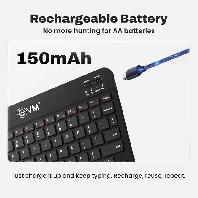 EVM EnEdge 9.7" Ultra-Slim Bluetooth Keyboard With Type-C Rechargeable Battery | Tablet, Smartphone & Laptop | Compact Lightweight Design | Bluetooth 5.0 | ABS Build (BLACK)