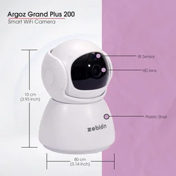Zebion ARGOZ Grand Plus 200 Full HD Wi-Fi Camera 360 Degree Rotation, 145 Degree Tilting, 64GB Memory Card Slot, Plastic Body,5V Adaptor, With Mini USB Cable mounting Bracket (White)