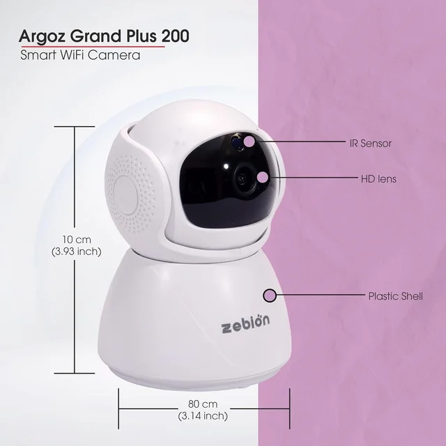 Zebion ARGOZ Grand Plus 200 Full HD Wi-Fi Camera 360 Degree Rotation, 145 Degree Tilting, 64GB Memory Card Slot, Plastic Body,5V Adaptor, With Mini USB Cable mounting Bracket (White)