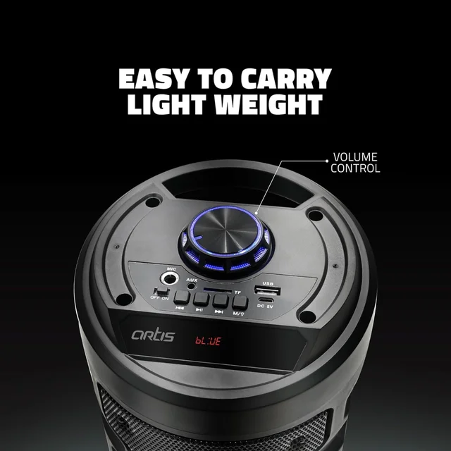 Artis MS301 Wireless Bluetooth Portable Party Speaker with RGB Glow Lights, Wired Mic, Remote Control, FM Radio & Aux in/USB/TF Card Reader Input | 20W RMS Output (Black)