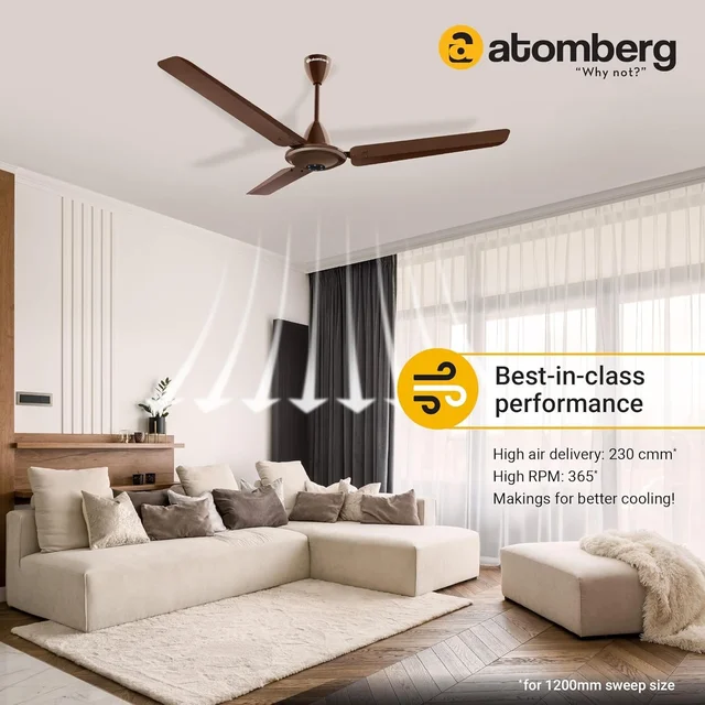 Atomberg atomberg Ikano 1200mm BLDC Ceiling Fan with Remote Control | BEE 5 star Rated Energy Efficient Ceiling Fan | High Air Delivery with LED Indicators | 2+1 Year Warranty (Gloss Black) - Gloss Brown