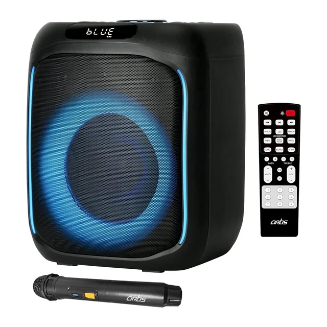 Artis Artis SoundPro 100 60W TWS Portable 5.0 Bluetooth Party Speaker with 7 LED Colours/USB/TF Card/AUX Input/FM Radio/Wireless Mic & Wireless Remote (Black)