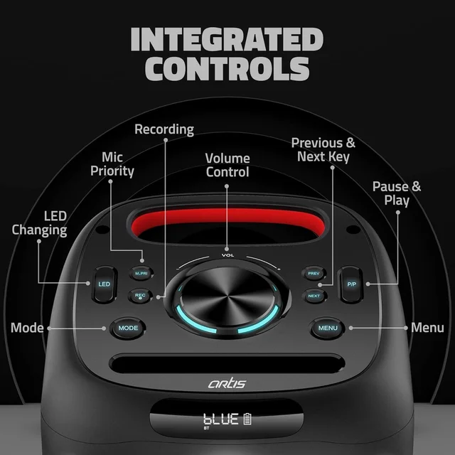 Artis Artis SoundPro 100 60W TWS Portable 5.0 Bluetooth Party Speaker with 7 LED Colours/USB/TF Card/AUX Input/FM Radio/Wireless Mic & Wireless Remote (Black)
