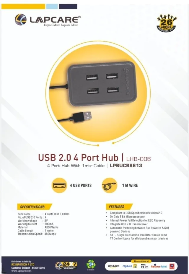 LAPCARE (LHB-006) USB 2.0 4 Port Hub 4 port expansion | USB 2.0 Ports | USB Plug-in | Desktop Peripheral Hub | 1 Meter Long Cable (BLACK)
