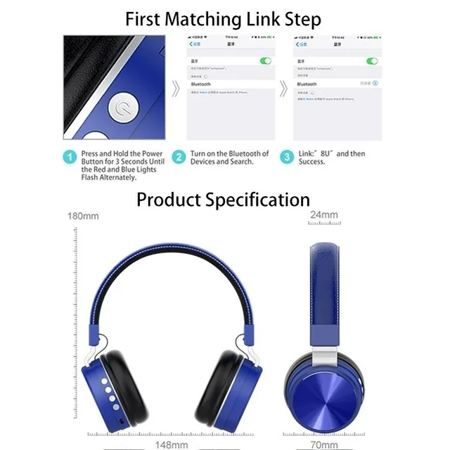 VEV SH-12 Wireless Bluetooth Headphones On Ear, Lightweight & Foldable.SD Card,TF, AUX, Supported (Red) - Blue