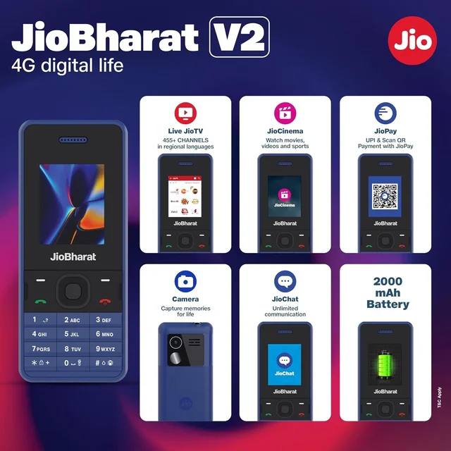 Jio Bharat V2 (4G) Phone with Jio Cinema, Jio Saavn, Pay (UPI), Long Lasting Battery, LED Torch, Digital Camera | Blue | Locked for Jio Network (Blue)
