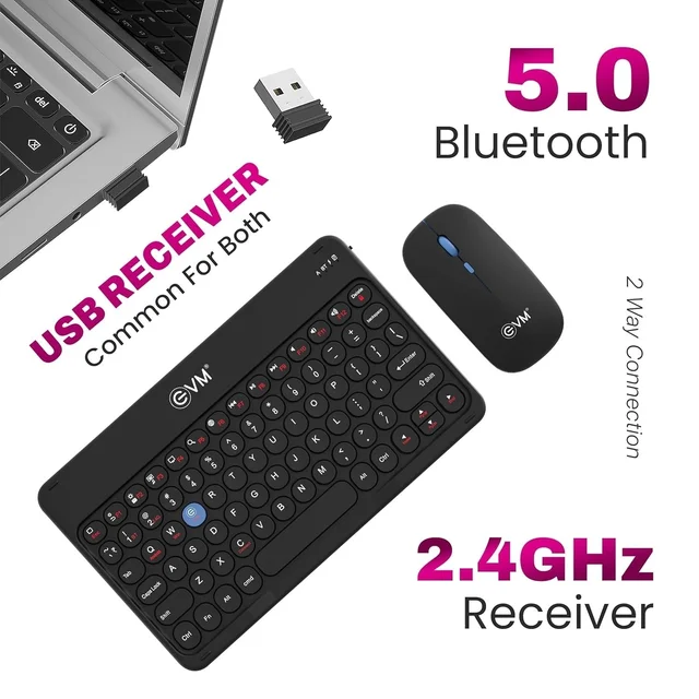 EVM EnArc Wireless Keyboard and Mouse Combo | Rechargeable Battery | Bluetooth 5.0 + 2.4G Slim & Portable | Silent Click (BLACK)