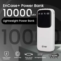 EVM EnCase Plus 10000mAh Power Bank | Inbuilt 4-in-1 Cables | LED Digital Display | Li-Polymer Battery | USB & Type-C Output (WHITE)