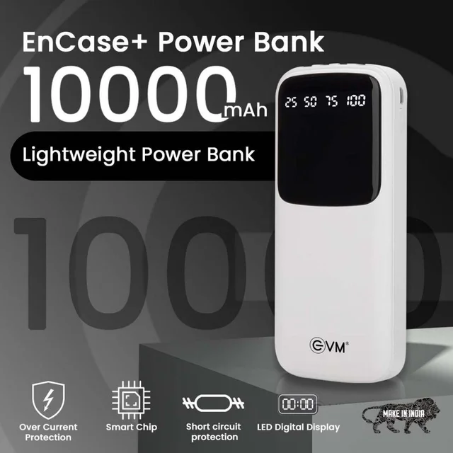 EVM EnCase Plus 10000mAh Power Bank | Inbuilt 4-in-1 Cables | LED Digital Display | Li-Polymer Battery | USB & Type-C Output (WHITE)