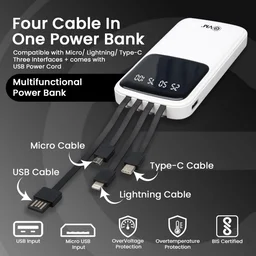 EVM EnCase Plus 10000mAh Power Bank | Inbuilt 4-in-1 Cables | LED Digital Display | Li-Polymer Battery | USB & Type-C Output (WHITE)