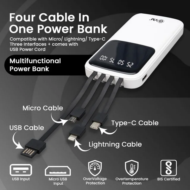 EVM EnCase Plus 10000mAh Power Bank | Inbuilt 4-in-1 Cables | LED Digital Display | Li-Polymer Battery | USB & Type-C Output (WHITE)