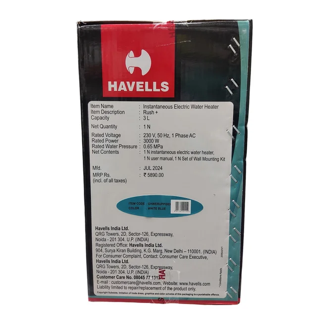 Havells HAVELLS RUSH+ | 3 Litre Instant Water Geyser (White & Blue)