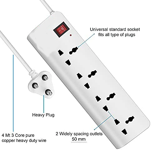 Shreyam SE-178 4 Way Extension | Switch With Indicator | 5 Meter Length (White)