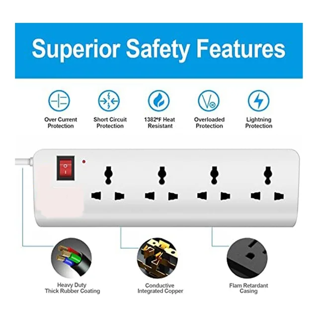 Shreyam SE-178 4 Way Extension | Switch With Indicator | 5 Meter Length (White)