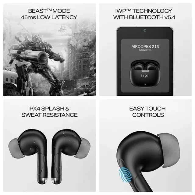 BOAT Boat Airdopes 213 | Wireless Earbuds With 50 Hours Playback | BEAST™ Mode & ENX™ Calling (BLACK)