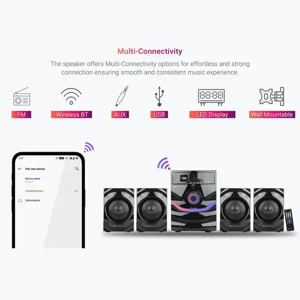 ZEBRONICS Zeb-Raindow 4.1 Multimedia Speaker With Bluetooth/AUX/USB/FM (BLACK)