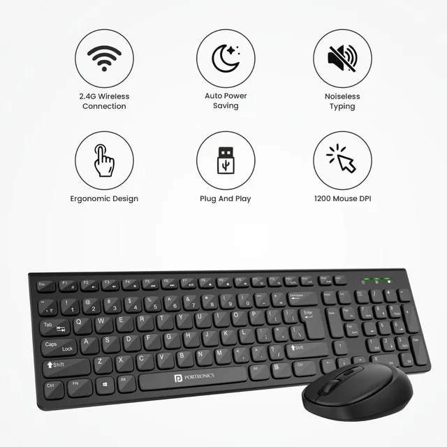 PORTRONICS Portronics Key7 Wireless Keyboard & Mouse Combo | 2.4GHz USB Receiver | 10m Wireless Range | 12 Shortcut Keys | 1600 DPI Adjustable Mouse | Copilot AI Support | Plug & Play for Laptop & PC (Black)