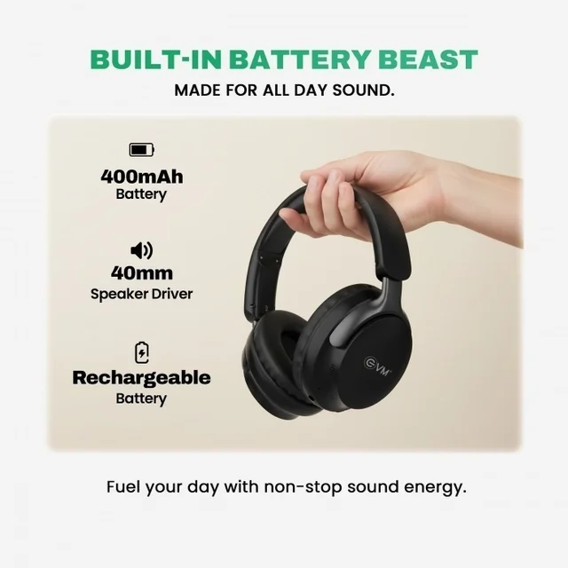 EVM Evm EnSonic Wireless Headphone With Mic (EVM-WHF-01) 40Hrs Playback Time (BLACK) - Black