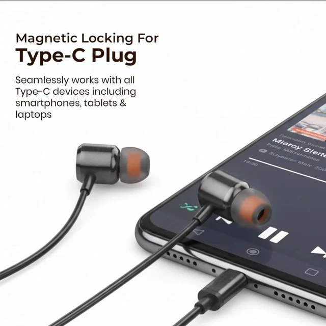 VNV Sonic-01 Magnetic Type-C Earphone | 10Mm Bass Drivers | Inline Control | Comfort Fit Earphone Wired Headphones With Mic Stereo Earphone (BLACK)