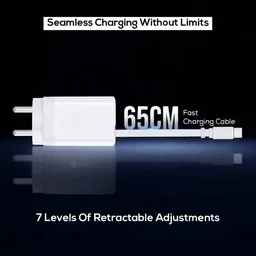 RD A-80 Flex 50W Gan Charger With Built-in Retractable Cable | Attached Type-C Cable | PD Fast Charger | Super VOOC Support | Dual Output Wall Charger For Smartphones & Tablets (WHITE)