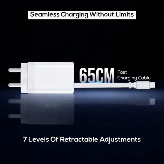 RD A-80 Flex 50W Gan Charger With Built-in Retractable Cable | Attached Type-C Cable | PD Fast Charger | Super VOOC Support | Dual Output Wall Charger For Smartphones & Tablets (WHITE)