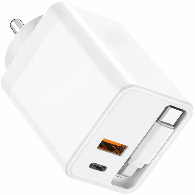 RD A-80 Flex 50W Gan Charger With Built-in Retractable Cable | Attached Type-C Cable | PD Fast Charger | Super VOOC Support | Dual Output Wall Charger For Smartphones & Tablets (WHITE)