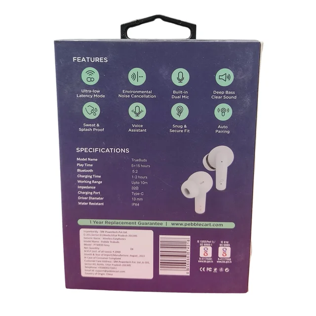 Pebble TRUBUDS True Wireless Earpods | ENC with Dual Mic | Just making it crystal clear (Gray) - Gray
