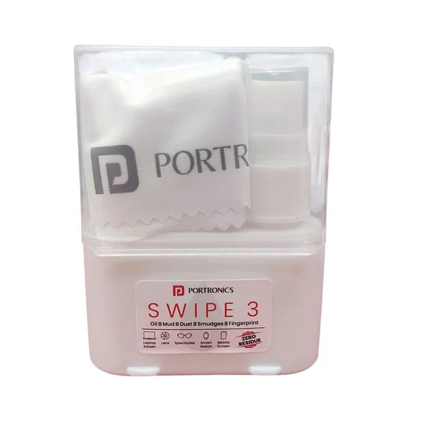 Portronics SWIPE 3 250 micron Microfiber Cloth| Refillable Container |Perfect for Screens, Camera Lens, Lenses (White)