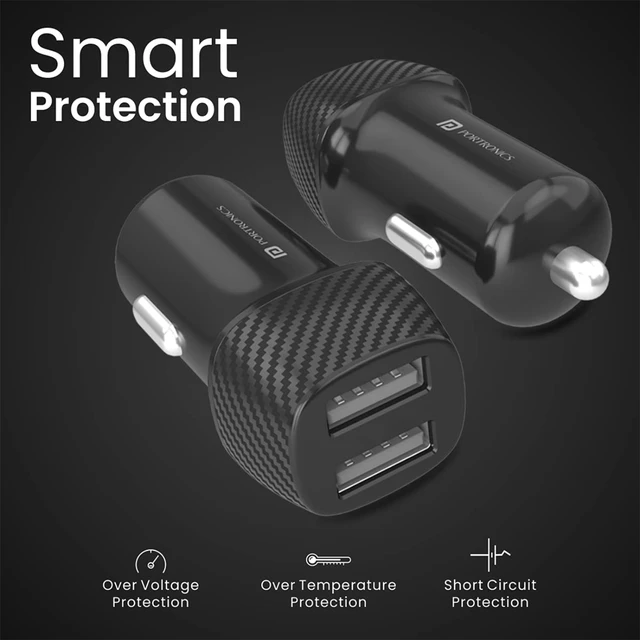 Portronics Car Power 5 Car Charger with Type-C Cable, Dual USB Output, 12 Watts Total, Adapter Compatible with Most Cars for iPhone & Android Smartphones (Black)